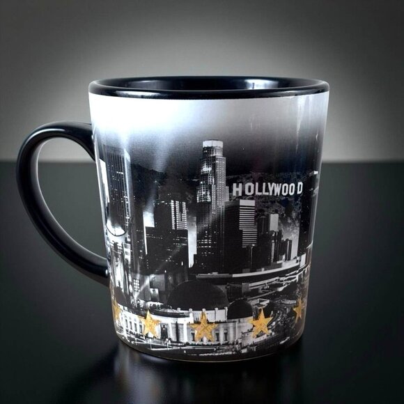 City Of Los Angeles Ceramic Mug With Hollywood Print & Gold Detailing Black/Whit - Picture 4 of 6